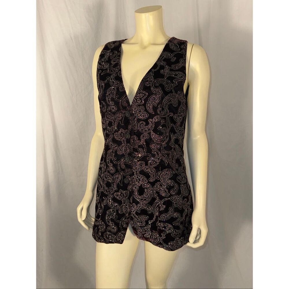 Vintage Norton McNaughton Black Velvet Sparkle Paisley Button Front‎ Vest Size 8